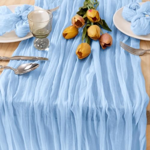 Light Blue Cheesecloth Table Runner Baby Shower Gender Reveal Decor, 3 Pack - Image 3
