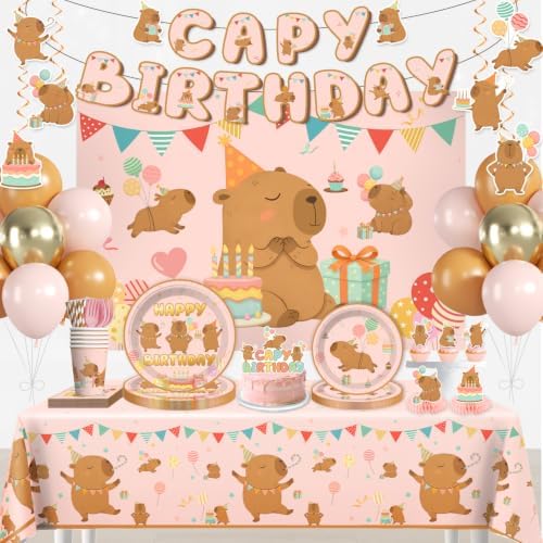 Xynic Pink Capybara Birthday Decorations Tableware Set Serves 25 Guests by Unknown