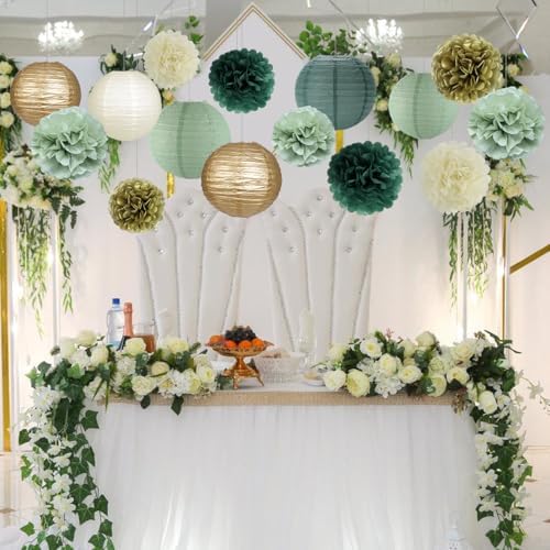 zilue Paper Lanterns and Paper Pom Poms Sage Green Party Decorations 15pcs - Image 4