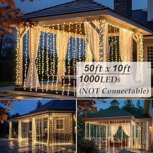 Solhice LED Curtain Lights Outdoor 50ft x10ft, 1000 LED Plug in Hanging String Lights Indoor Bedroom, Twinkle Light Backdrop for Outside Wedding Decor, Warm White (Not Connectable) - Image 2