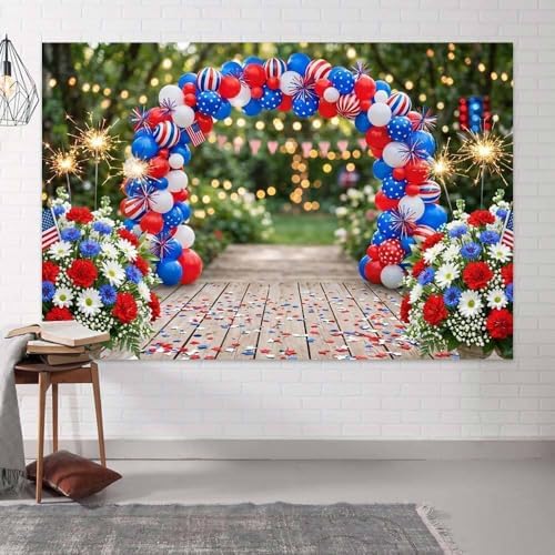 4th of July Independence Day Backdrop, Patriotic Red White and Blue Balloon Arch Flowers Photography Background, Memorial Day Party Photo Veterans Day Patriot Decorative Banner Booth Studio 7X5FT - Image 5