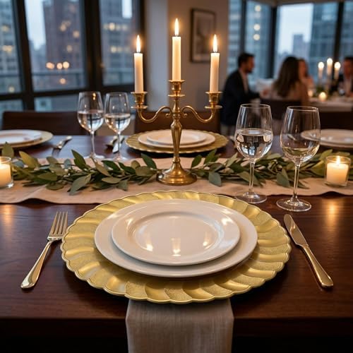 13 Inch Gold Scalloped Charger Plates with Gold Rim (Set of 6), Round Wave Plastic Serving Plates for Weddings, Bridal Showers, Birthday Parties, Catering & Table Decorations - Image 7