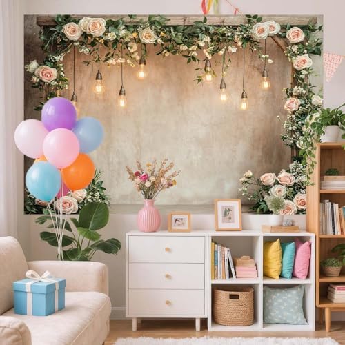 20x10ft Country Wedding Photography Backdrop Floral Rustic Roses Farmhouse Wooden Door Backdrop Pink Flower Birthday Baby Shower Wedding Bridal Party Banner Photo Booth Props Anniversary Background - Image 4