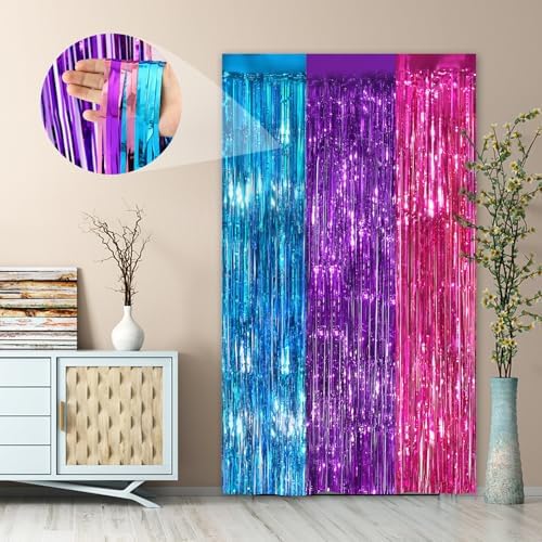 Rainbow Party Backdrop, 2Pack 3.3x8.3Ft Metallic Tinsel Foil Fringe Curtain - Image 2