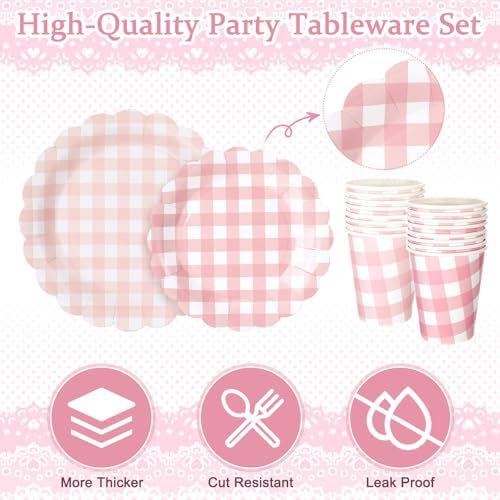 Yaomiao 168 Pcs Pink Gingham Party Supplies Princess Plates and Napkins - Image 3