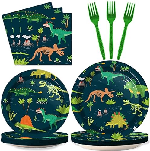 Tevxj 96PCS Dinosaur Tableware Set Fossil Dinosaur World Dinnerware Disposable Plates Dinosaur Theme Party Plates Napkins Forks for Dino Birthday Shower Party Decorations Supplies 24 guests by Tevxj