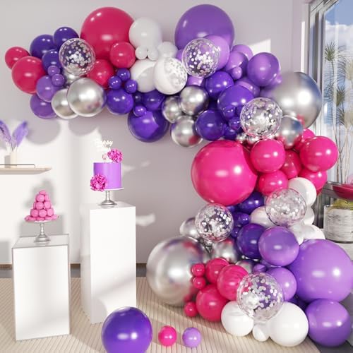 MEBAY Hot Pink Purple Silver Baloon Garland Arch Kit, 146Pcs Latex Balloons Different Sizes 18 12 10 5 inch for Women Girls Birthday Baby Shower Wedding Party Decorations by MEBAY