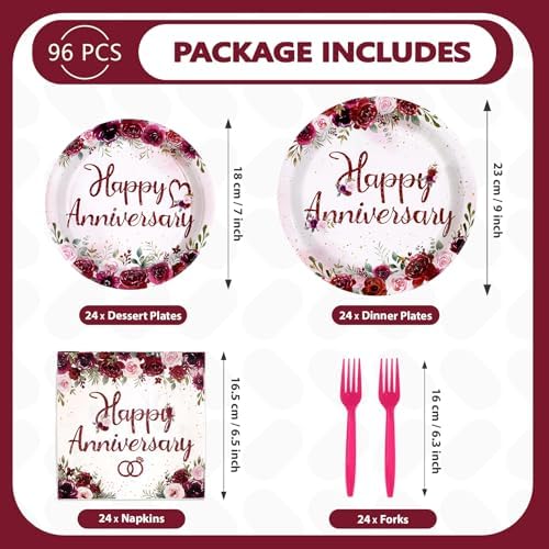 96Pcs Burgundy Flowers Anniversary Party Decorations Serves 24 - Image 5