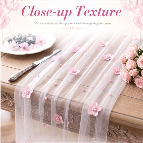 3 Pcs Flower Pearl Tulle Table Runner 10ft White for Wedding - Image 5