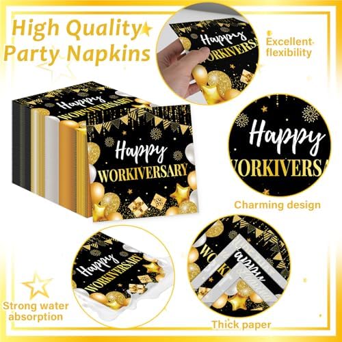 Justforjoyful 96Pcs Happy Work Anniversary Party Supplies Black Gold Happy Workiversary Tableware Dinnerware Set Worker Appreciation Plates Napkins Decorations for Women Men Office Employee Worker - Image 4