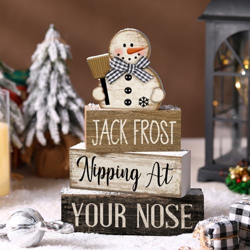 Moucuny 4 Pcs Wooden Block Signs Snowman Farmhouse Table Decoration - Image 2