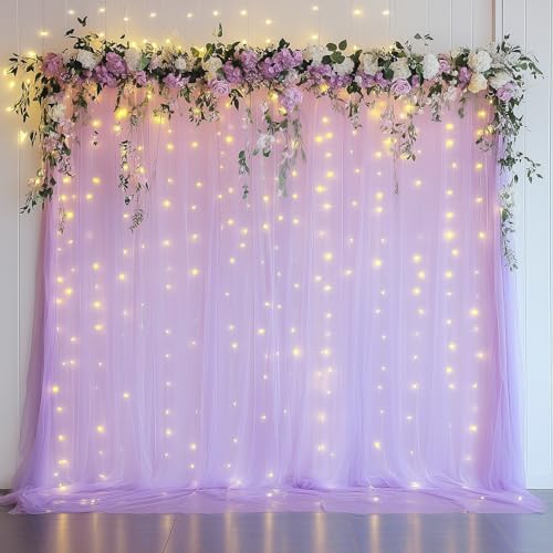 Tulle Backdrop Curtain with Lights 10x8FT Lavender Sheer Curtains by Xiomot