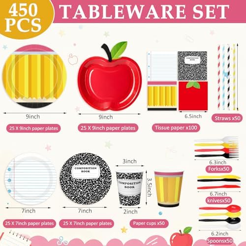 450 Pcs Back to School Tableware Set, Serve 50, Red Yellow - Image 2