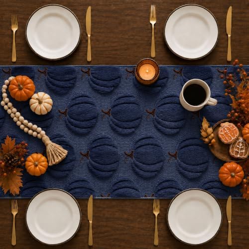 Fall Table Runner 13x120 Inch Soft Plush Faux Fur Jacquard Navy Blue Pumpkin Table Runner, Seasonal Autumn Kitchen Dining Table Decoration for Home Party Decor ZR010D120 - Image 3