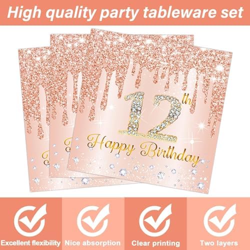 96 Pcs Rose Gold 12th Birthday Party Plates and Napkins for Girls Rose Gold Party Supplies Pink Happy 12 Years Birthday Party Tableware Set for 24 Guests Party Decorations - Image 4