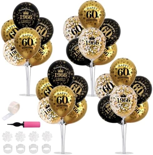 TONIFUL 4 Set 60th Birthday Decor Printed 1966 Black Gold Balloon Stand by TONIFUL