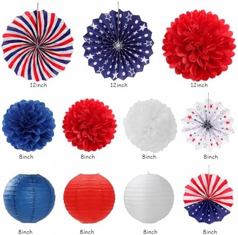 Red-White Blue Memorial-Day Patriotic Decorations - 21pcs 4th Fourth of July Americana Banner Garland,Independence Party Decor Paper Streamers Lanterns,Flower Tissue Pom Poms Fan Supplies Huglony - Image 6