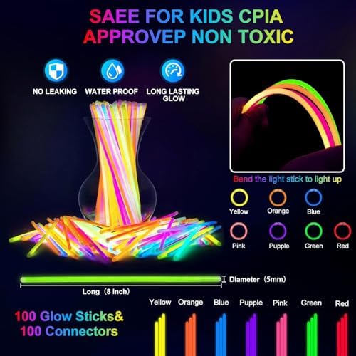 HONLYNE 100 Pack Glow Sticks Party Favors Bulk, 8" Glow in the Dark Party Supplies, Party Favors for Kids 8-12, Neon Glow Stick Bracelets & Necklaces for Raves, Halloween, Christmas, Birthdays - Image 5