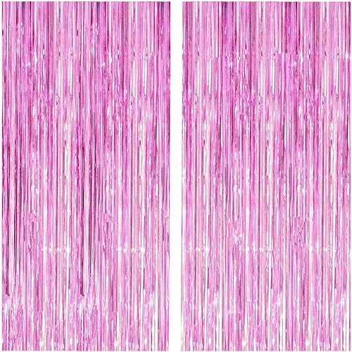 2 Pcs 3.2ft x 8.2ft Shiny Pink Metallic Tinsel Foil Fringe Curtains Photo Booth Pink Backdrop for Birthday Wedding Bridal Shower Baby Shower Bachelorette Party Decorations by i-CHONY