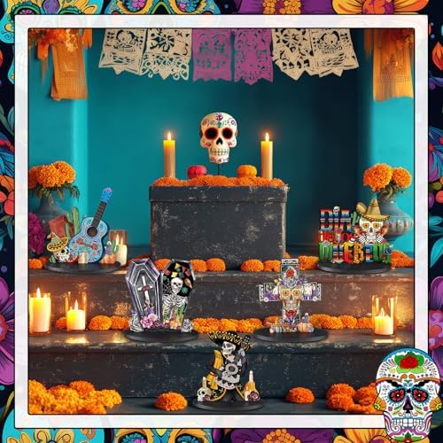 Wesiti 12 Pcs Dia De Los Muertos Table Decorations Wooden Sugar Skull Decor - Image 6