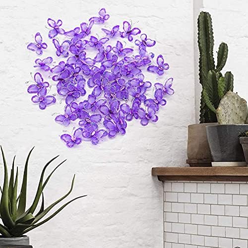 AUEAR, 50 Pack Sheer Mesh Wire Glitter Butterfly with Gem for Home and Wedding Decoration Party Wall Decorations (Purple) - Image 4