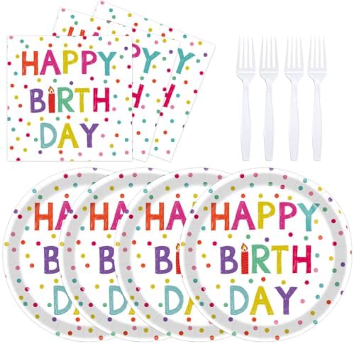 72 Pcs Birthday Plates Napkins and Forks Set, 7 Inch, Serves 24 Guests by KFJBPB