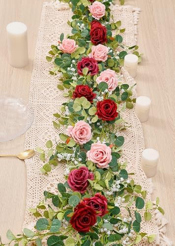 Anna's Whimsy 2PCS 5.91FT Artificial Eucalyptus Garland with Flowers, Fake Rose Gypsophila Garlands, Faux Floral Greenery Garland for Wedding Spring Home Party Table Runner Decor（Dusty Pink） - Image 4