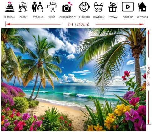 8x6ft Summer sea Backdrop Tropical Beach Plants Photo Backdrop Hawaiian Ocean Blue Sky Background for Theme Party Supplies Studio Props - Image 5