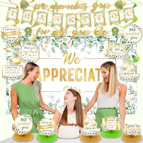 We Appreciate You Party Decorations Sage Green Gold Thank You for All You Do Banner Honeycomb Centerpieces Hanging Swirls Kit for Office Employee Pastor Teacher Doctor Appreciation Party Gift Decor - Image 4