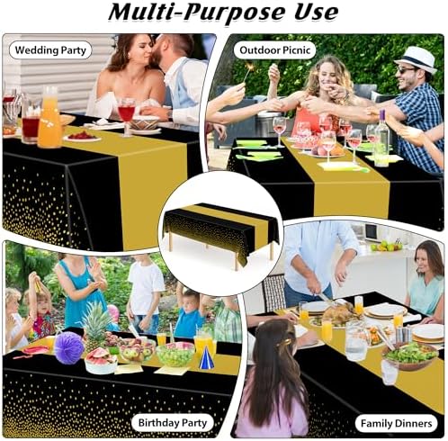 4Pack Black and Gold Tablecloths for Events, 54" x 108" Plastic Table Cloth Disposable for Rectangle Tables, Waterproof Table Cloth Cover for New Years Eve Decorations Holiday Birthday Wedding Dining - Image 4