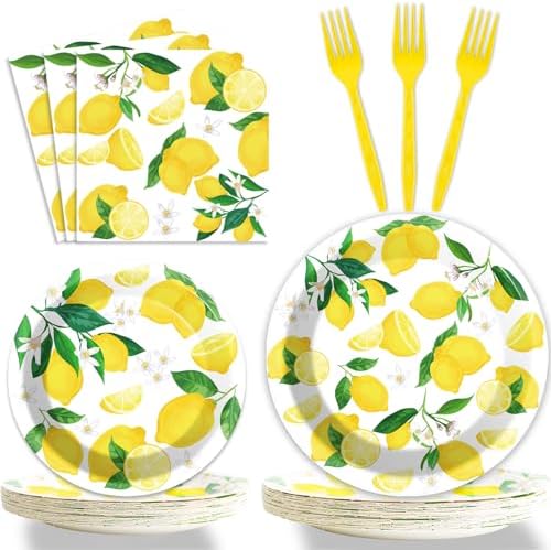Wiooffen 96 Pcs Lemon Party Yellow Lemons Summer Party Decoration For Birthday Party Tableware Set Lemon Theme Party Paper Plate Napkin Fork 24 Guests by Wiooffen