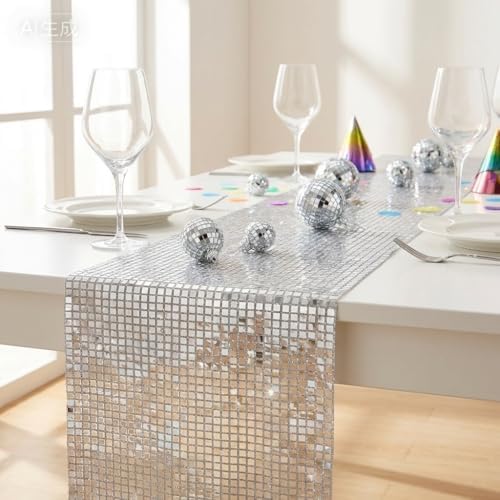 MoKoHouse Glitter Disco Party Table Runner: 4 Packs 13 x 72 Inches - Silver Mirror Sequin Table Runners for Retro 70s 80s Theme Disco Ball Birthday Bachelorette Dance Party Supplies Table Decorations - Image 6