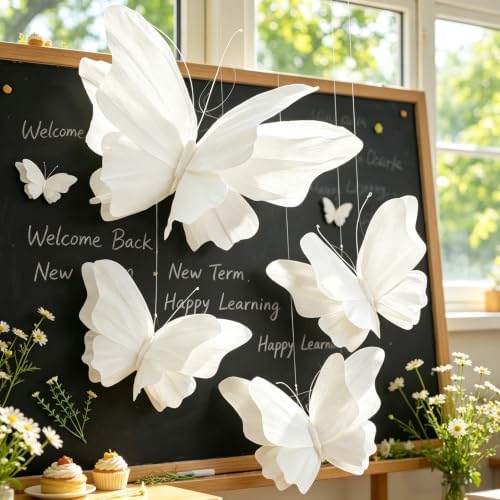 SUNBEAUTY 3D Hanging Butterfly Decorations, White Large Butterfly Birthday Party Decorations, Giant Paper Butterflies Hanging Decor for Girls Women Birthday Wedding Wall Decor Flower Garden Party by SUNBEAUTY