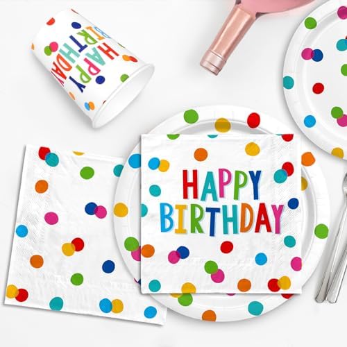 Happy Birthday Decorations: Happy Birthday Party Supplies Set with Birthday Dots Design- Includes Disposable Paper Birthday Plates and Napkins, Cups, Tablecloth, and Banner for decorations, Serves 25. - Image 4