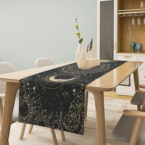 Magical Sun Moon Table Runner Vintage Boho Zodiac Wheel Constellations Astrological Tarot Stars Clouds Dinner Runner for Farmhouse Party Holiday Home Kitchen Dining Table Decoration 13"x60" - Image 2