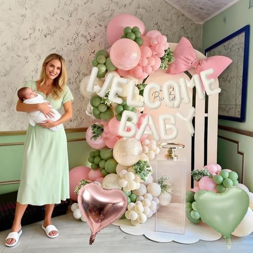 Pink and Green Baby Shower Decorations, WELCOME BABY Letter Foil Balloons Banner Backdrop Set with Sage Green Rosa Gold Cream Beige Latex & Heart Balloon for Newborn Infant Gender Reveal Party Decor - Image 3