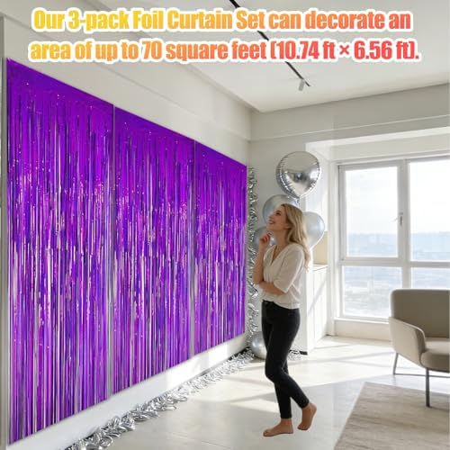 3 Pack 3.28ft x 6.56ft Glitter Purple Tinsel Foil Fringe Curtains, Photo Booth Backdrop Party Decorations for Birthday Wedding Baby Shower Graduation Bachelorette New Years - Image 3