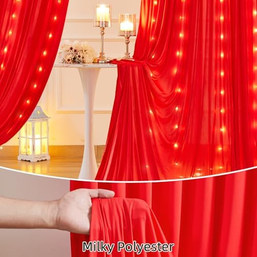 10 x 10ft Red Backdrop Curtains with Lights String for Party - Image 5