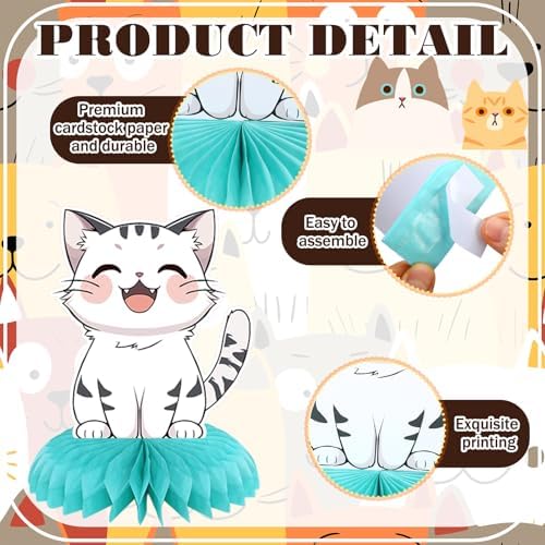 Pickmesh 12 Pcs Cat Birthday Party Decoration Honeycomb Centerpieces Kitten Table Centerpieces Cats Table Topper 3D Double Sided Kitten Decoration for Birthday Pet Theme Party Favors Supplies - Image 4