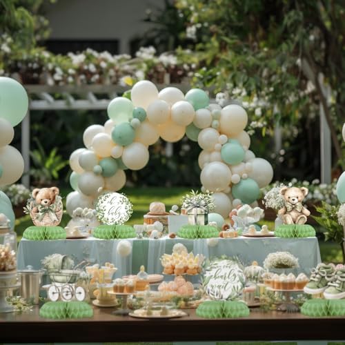12 Pcs Sage Green Teddy Bear Baby Shower Decorations - We Can Bearly Wait Baby Shower Decorations - Neutral Bear Balloon Centerpieces for Tables - Sage Green Honeycomb Table Decor for Baby Shower - Image 4