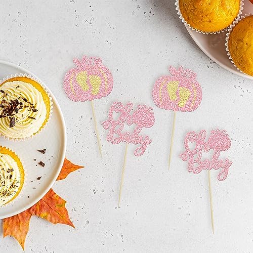 24Pcs Pumpkin Oh Baby Cupcake Toppers Glitter Baby Feet Pumpkin Cupcake Picks for Fall Theme Baby Shower Kids Birthday Party Cake Decorations Supplies Pink - Image 3