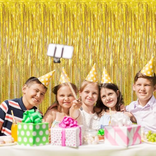 GOER 3.2 ft x 8.2 ft Metallic Tinsel Foil Fringe Curtains Party Photo Backdrop Party Streamers for Birthday,Graduation,New Year Eve Decorations Wedding Decor (3 Packs,Laser Gold) - Image 2