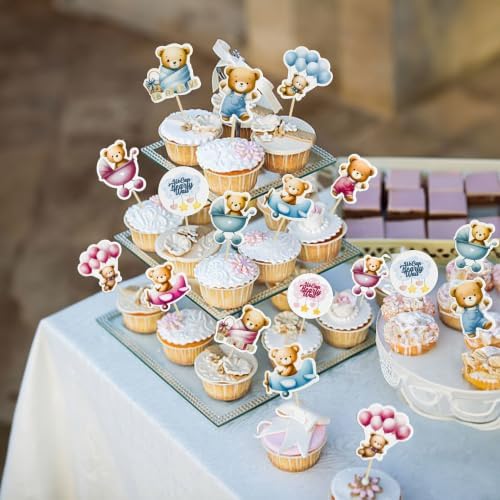 Gyufise 36Pcs Bear Cupcake Toppers Bear Cupcake Picks Baby Carriage Bottle Balloon We can Bearly Wait Cake Decorations for Baby Shower Gender Reveal Kids Birthday Party Supplies Blue Pink Coffee - Image 6