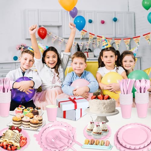 WNINK 175 PCS Light Pink Scalloped Plates and Napkins, Pink Disposable Plates Set with Napkins Cups Plastic Spoons Forks Knives for Birthday Baby Shower Gender Reveal Party Supplies Serve 25 Guests - Image 4