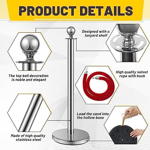 Ferraycle 6 Pcs 2026 Wedding Stanchions and Velvet Ropes Set, Silver - Image 3