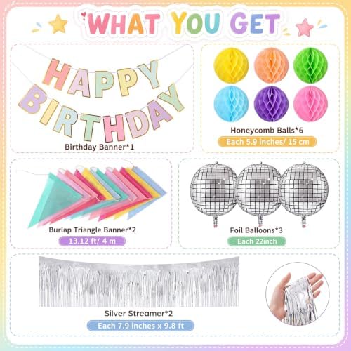 360 Pcs Birthday Party Decorations, 300 Sheets Paper Chain Strips 492ft Crepe Paper Streamers, Star Circle Foil Fringe Garland, Burlap Triangle Banners, Balloons, Honeycomb Balls, Banner - Image 3