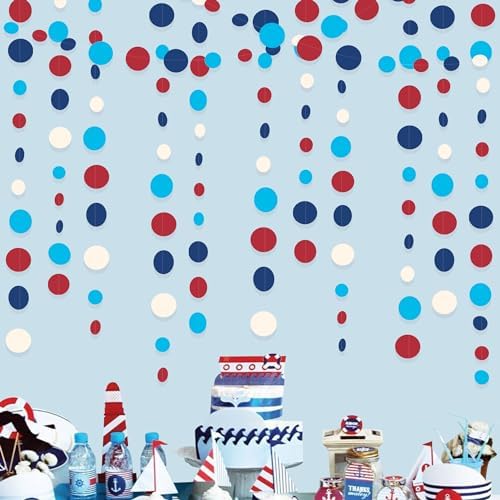 Nautical Party Decorations Circle Dot Garland Navy Blue Red White Hanging Paper Polka Dot Streamer for Nautical Pirate Ahoy Achor Birthday Wedding Bridal Shower Bachelorette Party Supplies - Image 4
