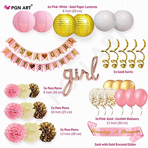 Pink and Gold Baby Shower Decorations for Girl – 35 Pcs Princess Kit with It's a Girl Banner, Mom to Be Sash, Tissue Paper Pom Poms, Paper Lanterns, Bunting Garland – Baby Girl Party Supplies - Image 3