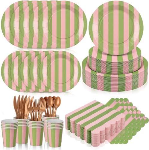 Mimorou 350 Pcs Pink and Green Striped Party Tableware for 50 by Unknown
