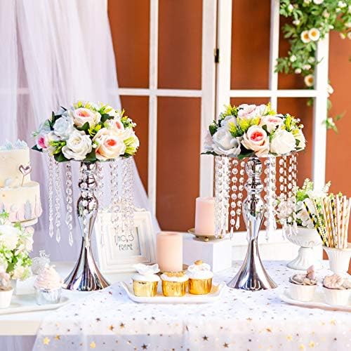 Sziqiqi Silver Floral Centerpiece Riser with Crystal Beads, 10Pcs, 13.8in - Image 2